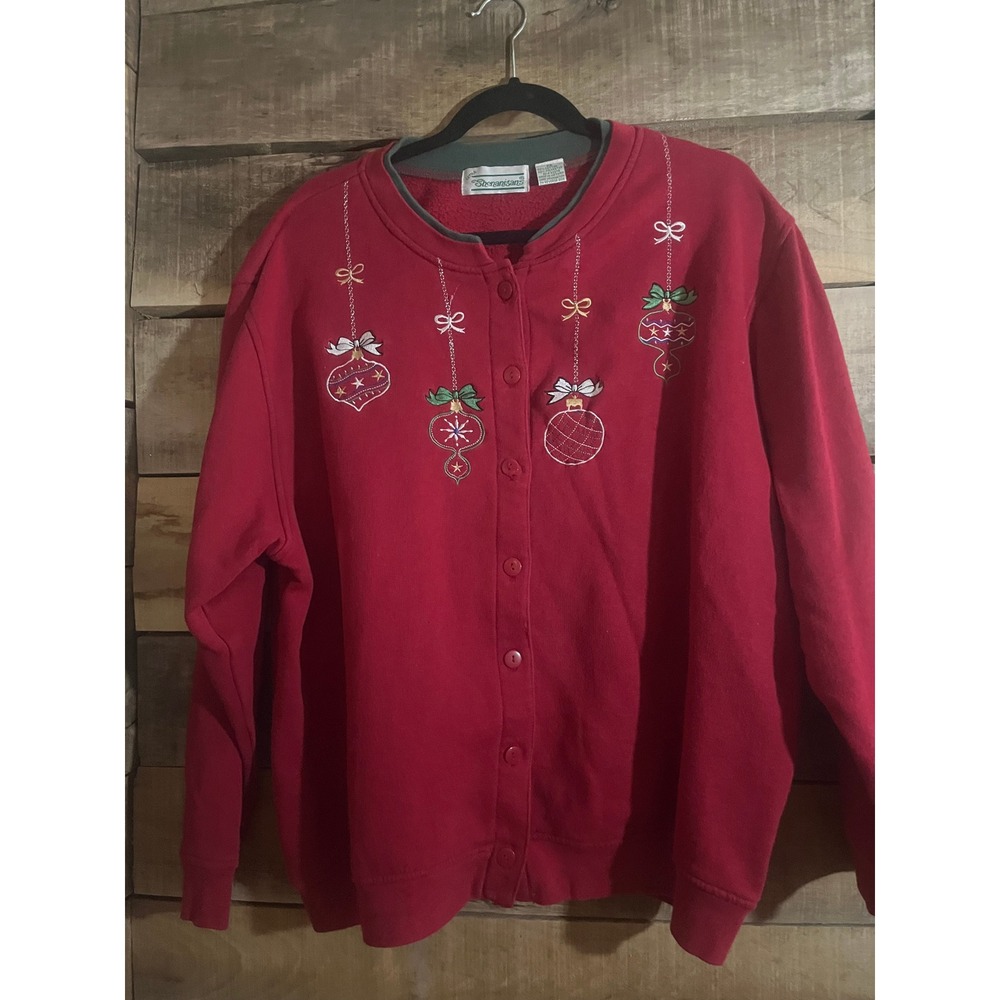 Extra Shenanigans Womens 2X Red Christmas Ornament Embroidered Cardigan Sweater